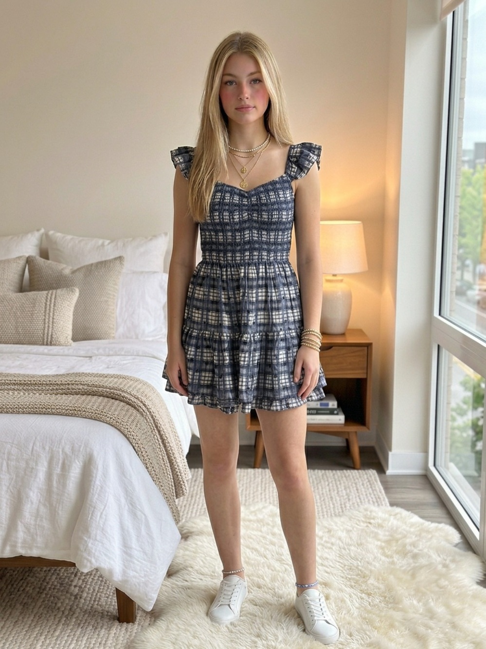 No Boundaries Navy and White Floral Plaid Ruffle Smocked Romper Size Large NWT